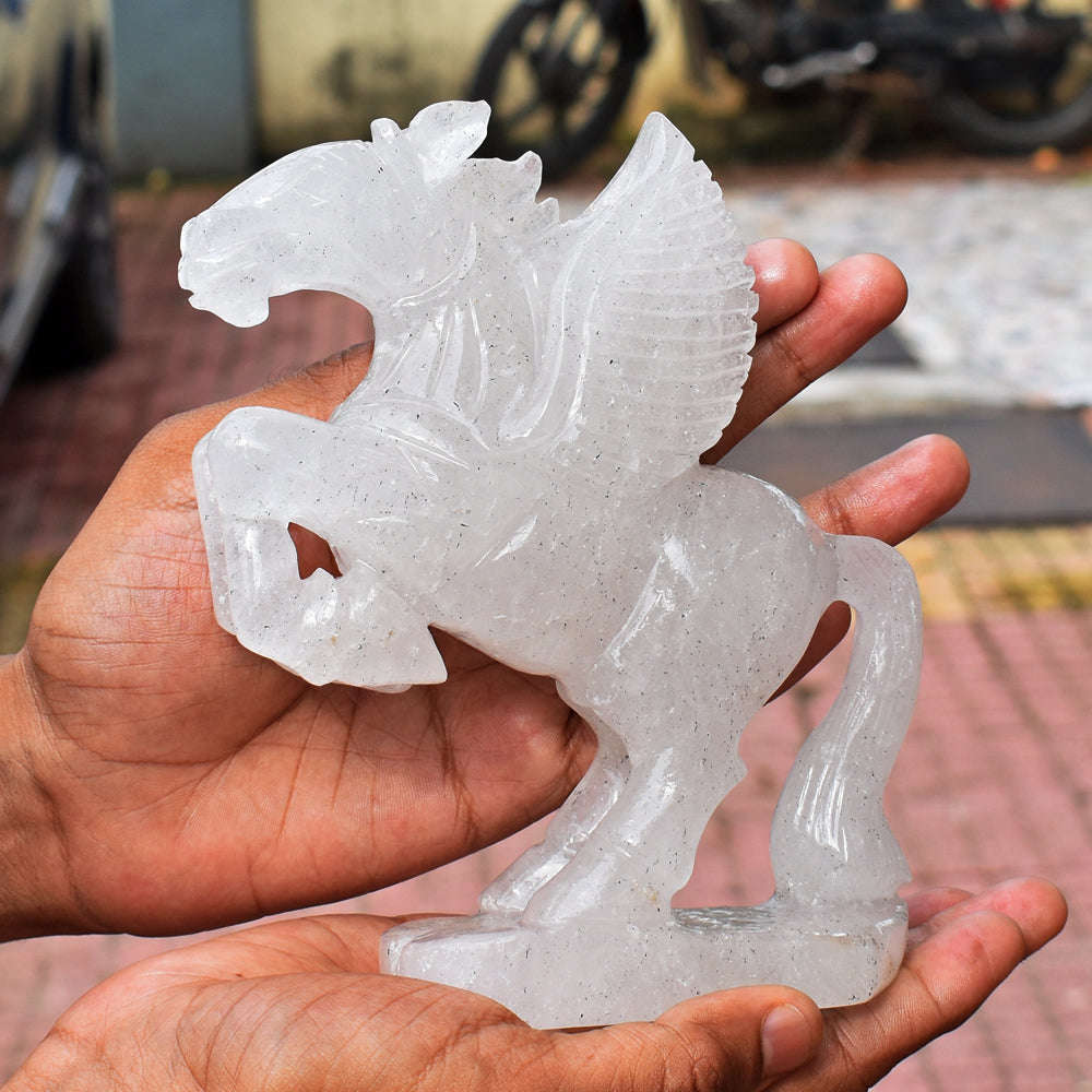 gemsmore:Stunning Amazing White Quartz Pegasus Carved Horse