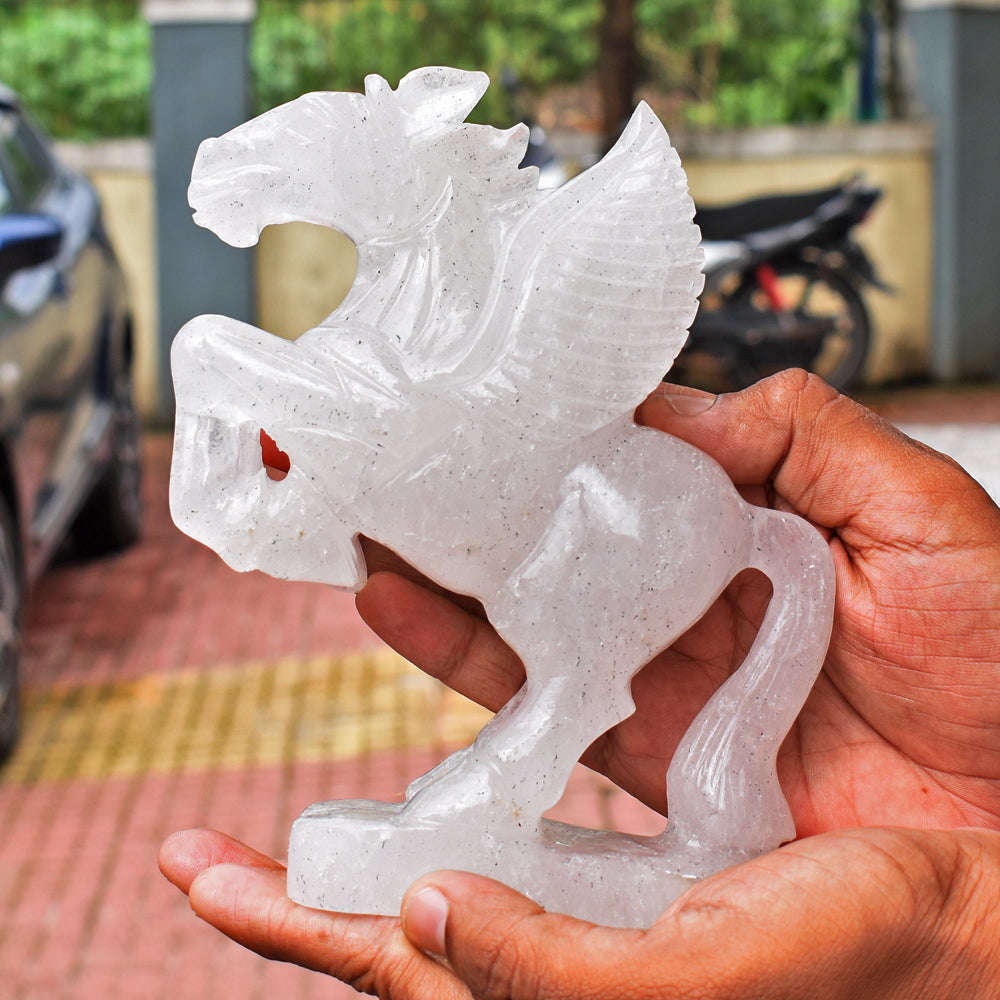 gemsmore:Stunning Amazing White Quartz Pegasus Carved Horse