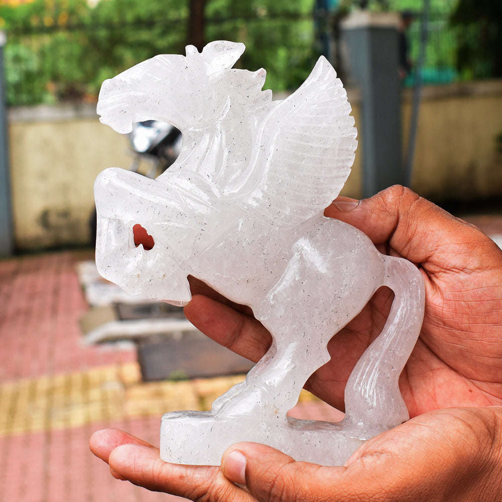 gemsmore:Stunning Amazing White Quartz Pegasus Carved Horse