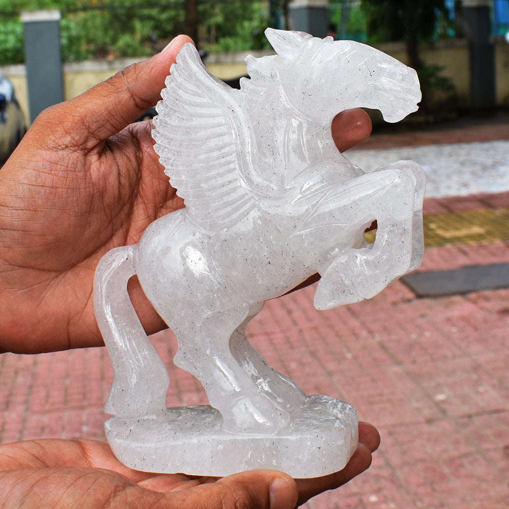 gemsmore:Stunning Amazing White Quartz Pegasus Carved Horse