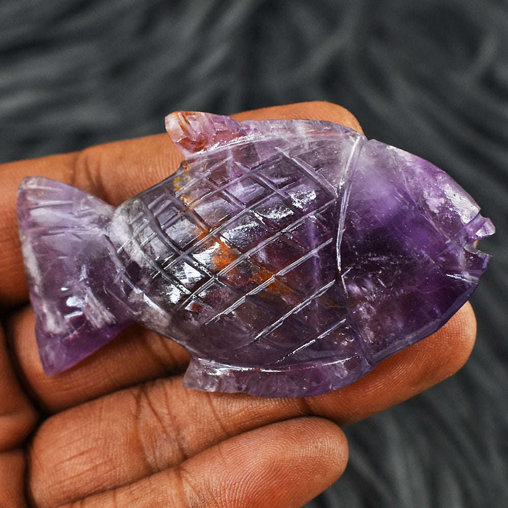 gemsmore:Stunning Amethyst Hand Carved Genuine Crystal Gemstone Carving Fish