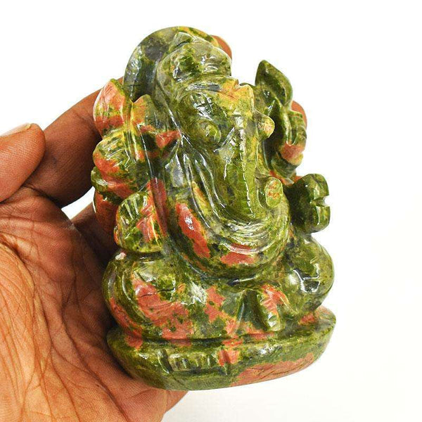 gemsmore:Stunning Blood Green Unakite Hand Carved Genuine Crystal Gemstone Carving Lord Ganesha