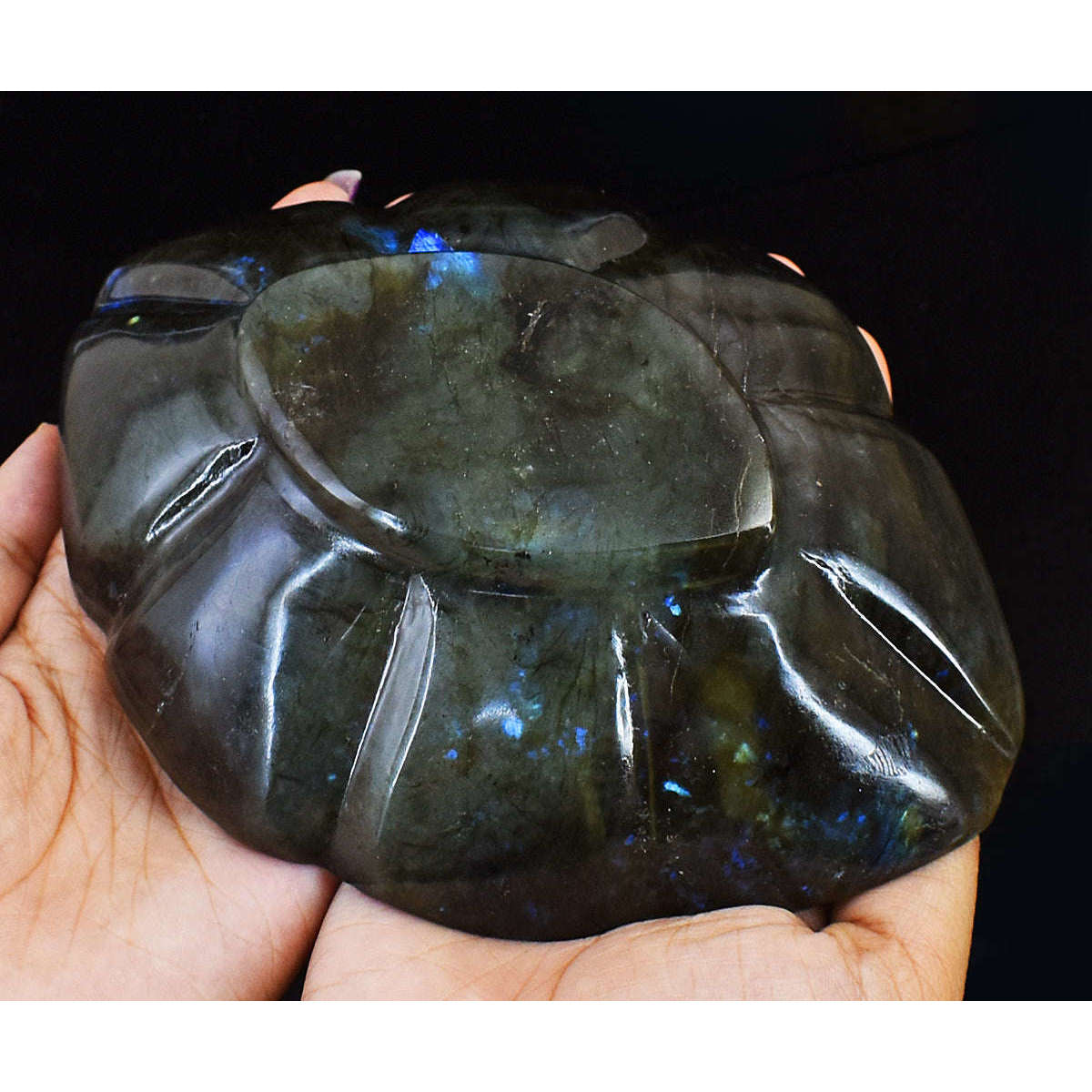gemsmore:Stunning Blue Flash Labradorite Hand Carved Genuine Crystal Gemstone Carving Bowl