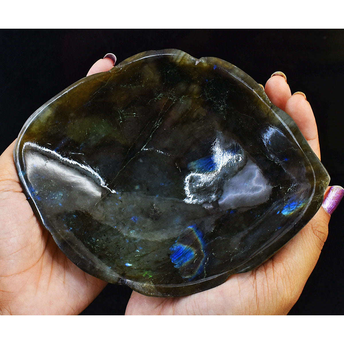 gemsmore:Stunning Blue Flash Labradorite Hand Carved Genuine Crystal Gemstone Carving Bowl