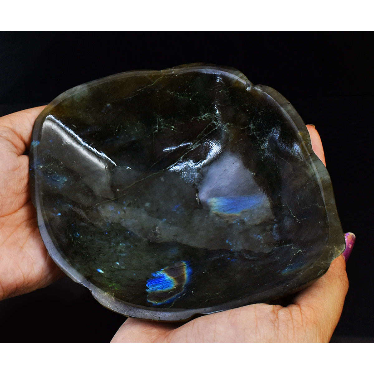 gemsmore:Stunning Blue Flash Labradorite Hand Carved Genuine Crystal Gemstone Carving Bowl