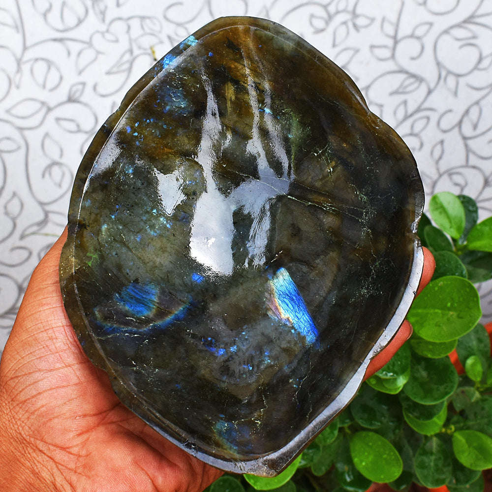 gemsmore:Stunning Blue Flash Labradorite Hand Carved Genuine Crystal Gemstone Carving Bowl