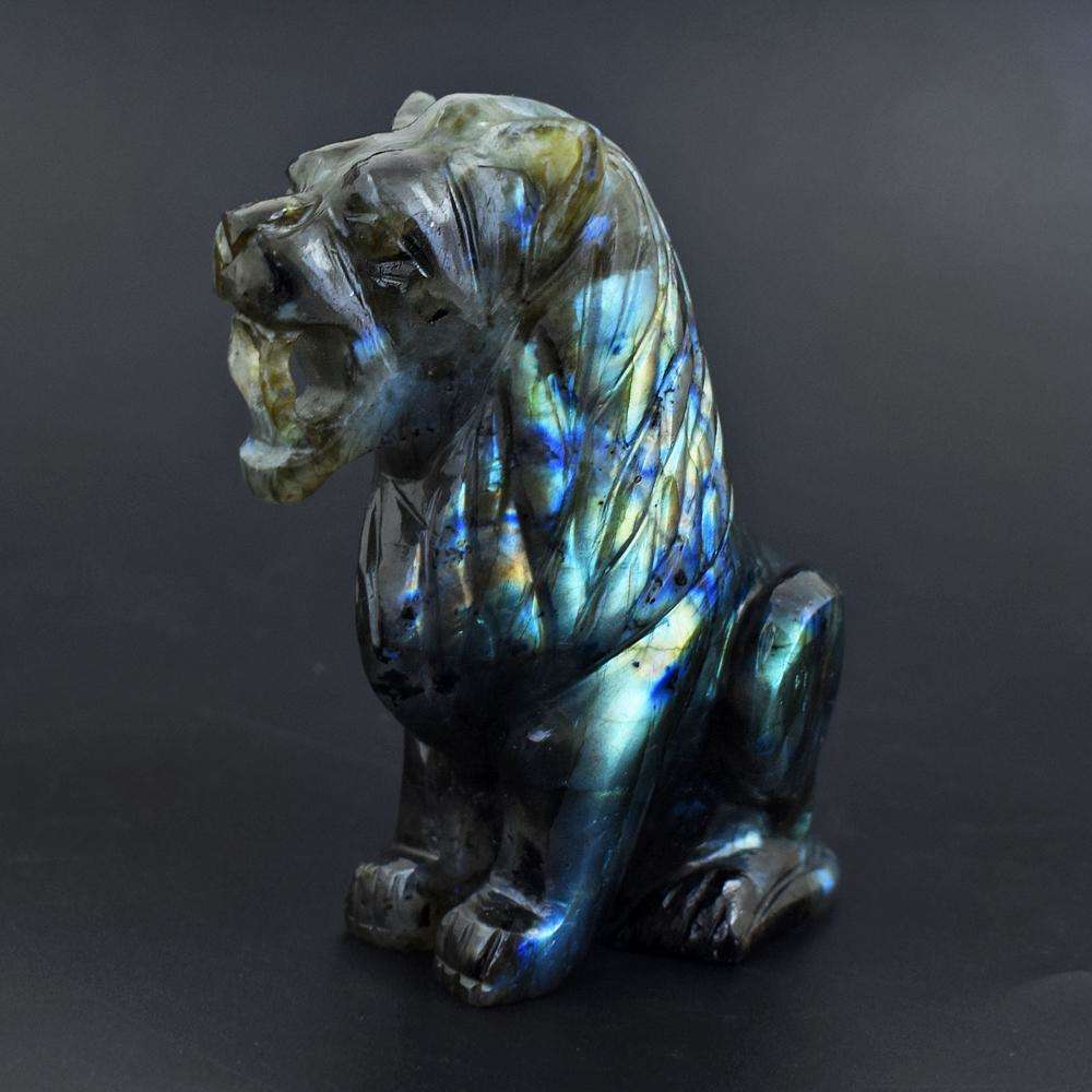 gemsmore:Stunning Blue Flash Labradorite Hand Carved Lion