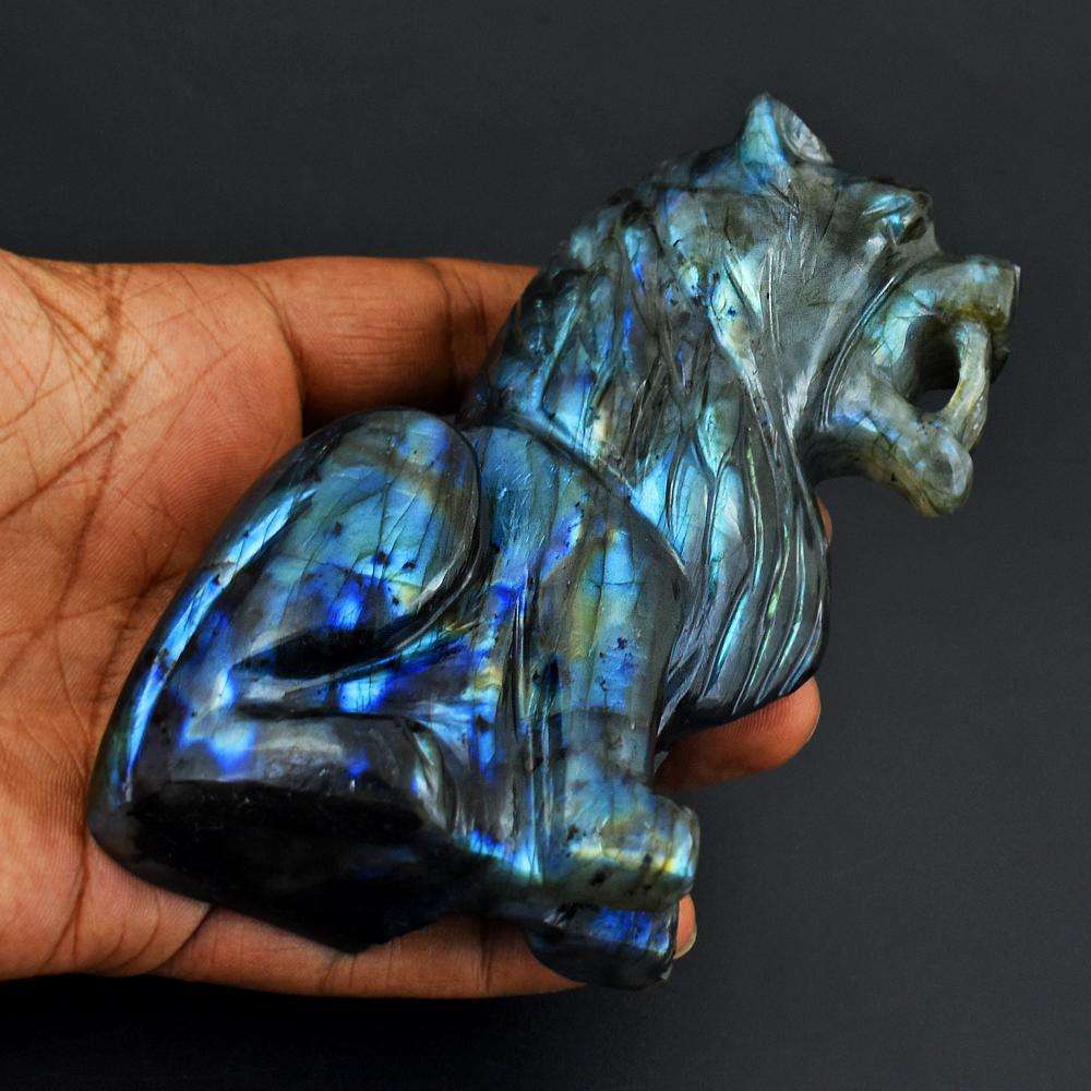 gemsmore:Stunning Blue Flash Labradorite Hand Carved Lion
