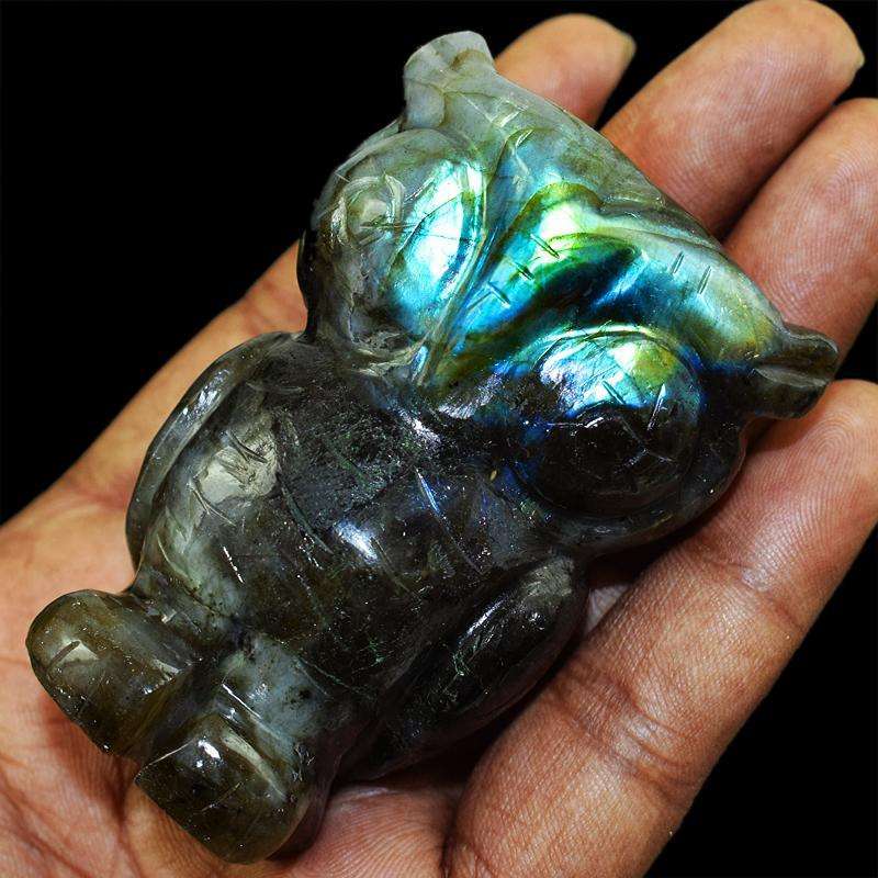 gemsmore:Stunning Blue Flash Labradorite Owl Carving Gem