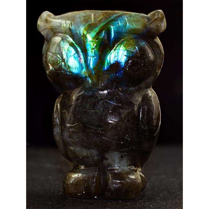 gemsmore:Stunning Blue Flash Labradorite Owl Carving Gem