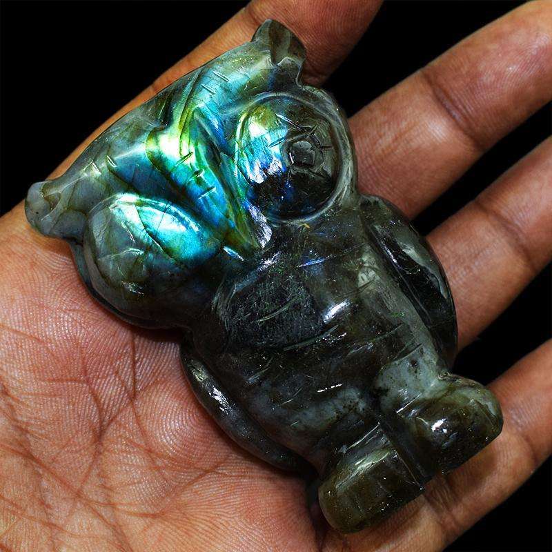 gemsmore:Stunning Blue Flash Labradorite Owl Carving Gem