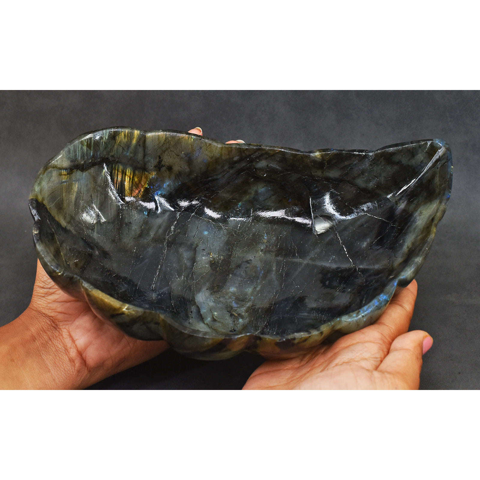 gemsmore:Stunning Blue & Golden Flash Labradorite Hand Carved Genuine Crystal Gemstone Carving Bowl