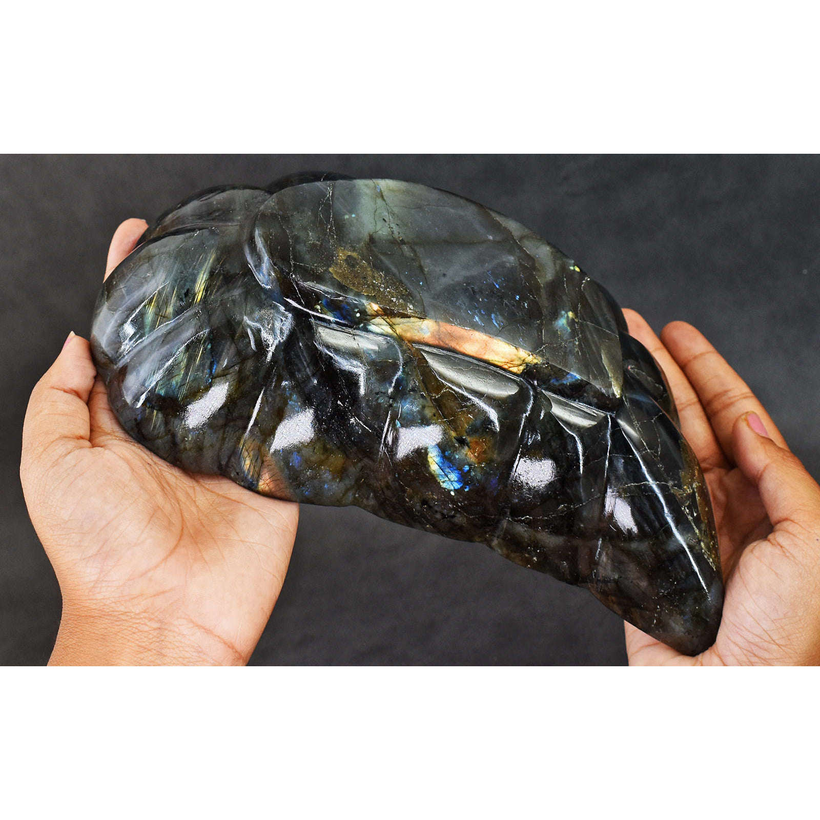 gemsmore:Stunning Blue & Golden Flash Labradorite Hand Carved Genuine Crystal Gemstone Carving Bowl