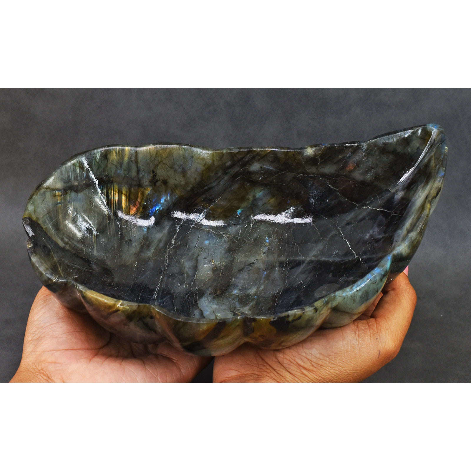 gemsmore:Stunning Blue & Golden Flash Labradorite Hand Carved Genuine Crystal Gemstone Carving Bowl