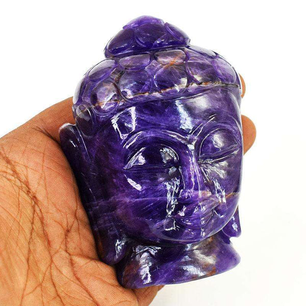 gemsmore:Stunning Chevron Amethyst Hand Carved Genuine Crystal Gemstone Carving Buddha Head
