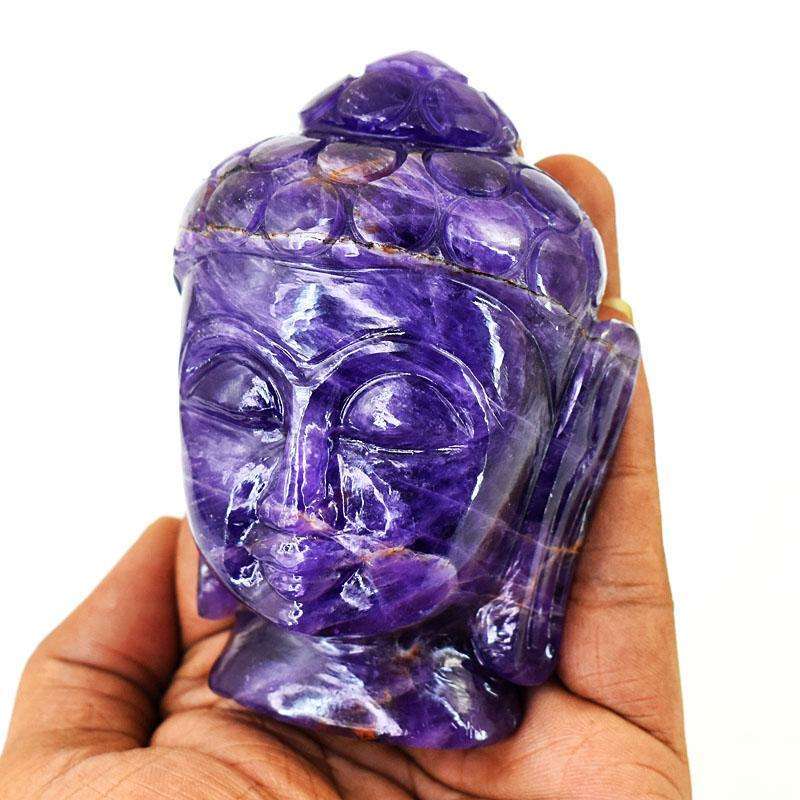 gemsmore:Stunning Chevron Amethyst Hand Carved Genuine Crystal Gemstone Carving Buddha Head