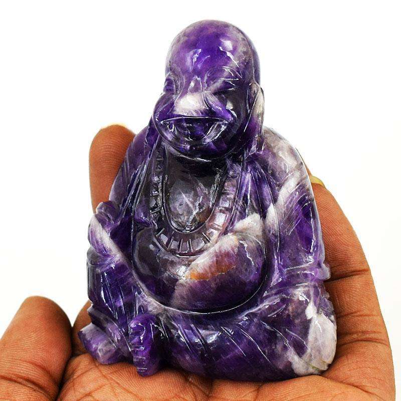 gemsmore:Stunning Chevron Amethyst Hand Carved Genuine Crystal Gemstone Carving Laughing Buddha