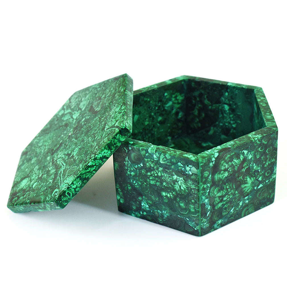 gemsmore:Stunning Congo Malachite Hand Carved Genuine Crystal Gemstone Carving Hexagon Box