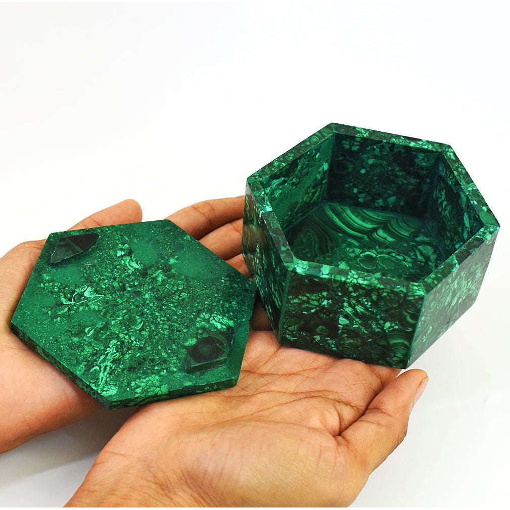 gemsmore:Stunning Congo Malachite Hand Carved Genuine Crystal Gemstone Carving Hexagon Box