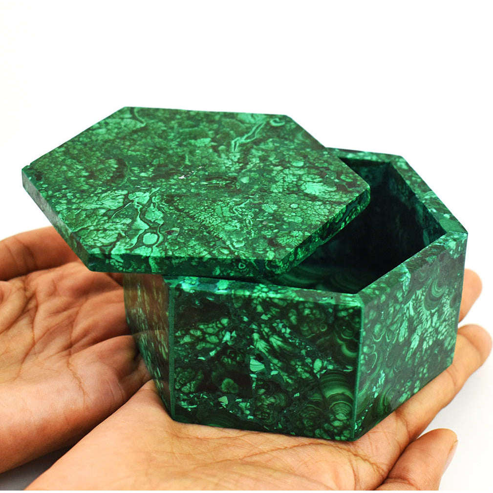 gemsmore:Stunning Congo Malachite Hand Carved Genuine Crystal Gemstone Carving Hexagon Box