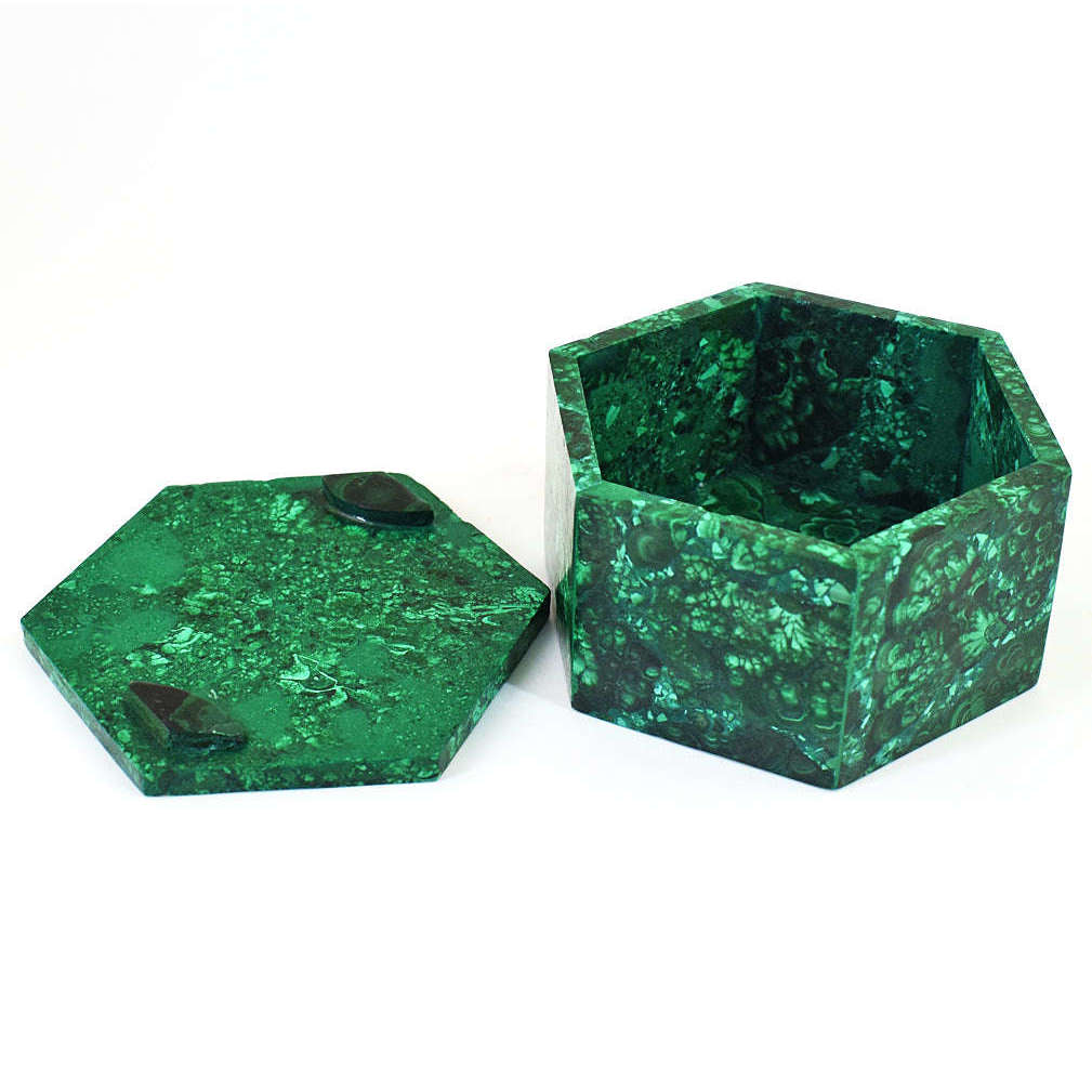 gemsmore:Stunning Congo Malachite Hand Carved Genuine Crystal Gemstone Carving Hexagon Box