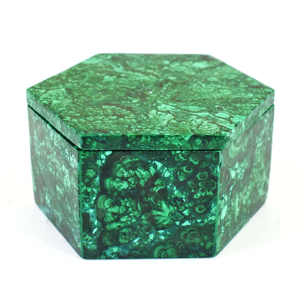 gemsmore:Stunning Congo Malachite Hand Carved Genuine Crystal Gemstone Carving Hexagon Box