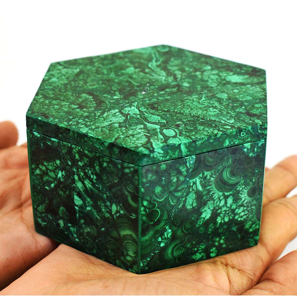 gemsmore:Stunning Congo Malachite Hand Carved Genuine Crystal Gemstone Carving Hexagon Box