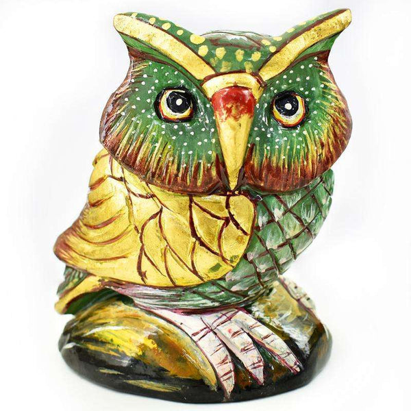 gemsmore:Stunning Enamel Painted Green Jade Hand Craved Owl