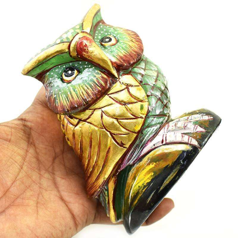 gemsmore:Stunning Enamel Painted Green Jade Hand Craved Owl