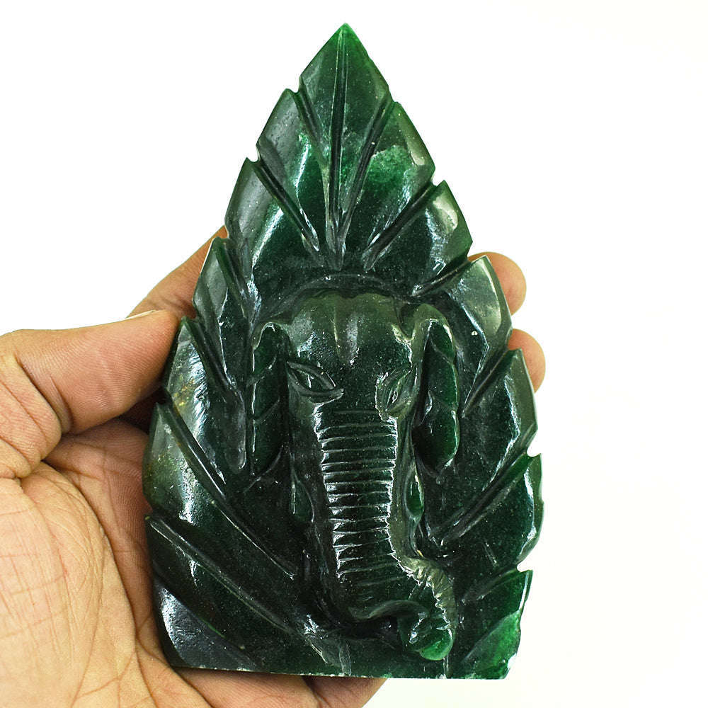gemsmore:Stunning Green Jade Hand Carved Genuine Crystal Gemstone Carving Leaf Palm Lord Ganesha