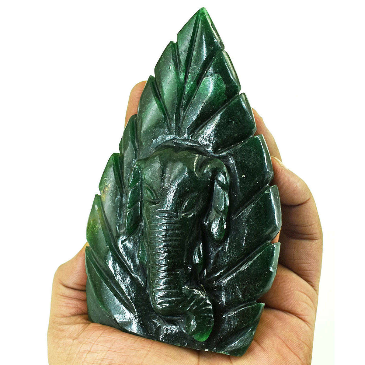 gemsmore:Stunning Green Jade Hand Carved Genuine Crystal Gemstone Carving Leaf Palm Lord Ganesha