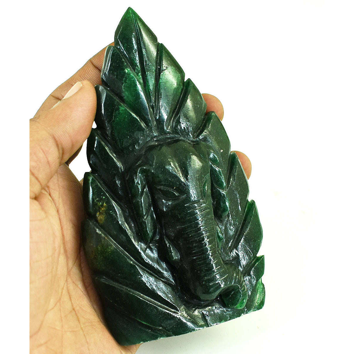 gemsmore:Stunning Green Jade Hand Carved Genuine Crystal Gemstone Carving Leaf Palm Lord Ganesha