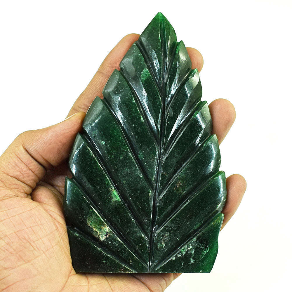 gemsmore:Stunning Green Jade Hand Carved Genuine Crystal Gemstone Carving Leaf Palm Lord Ganesha