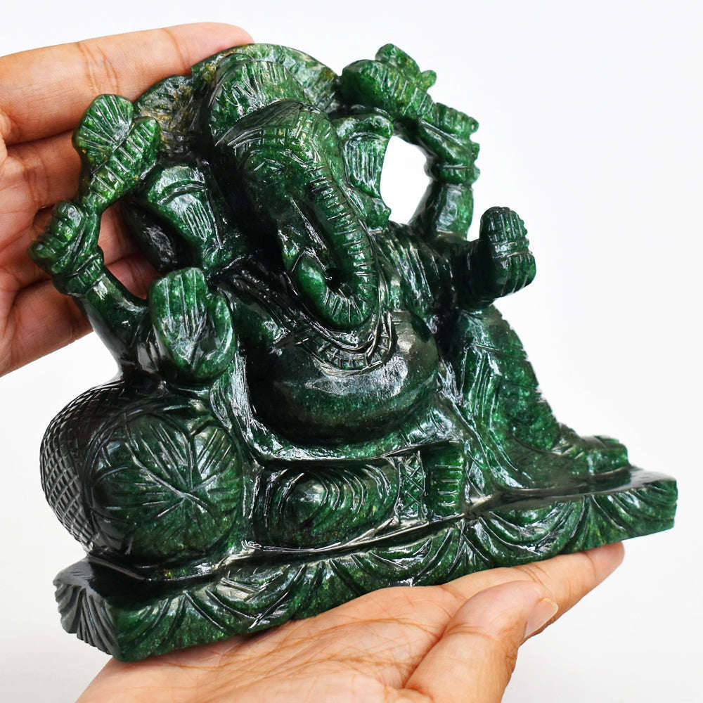 gemsmore:Stunning Green Jade Hand Carved Genuine Crystal Gemstone Carving Massive Lord Ganesha