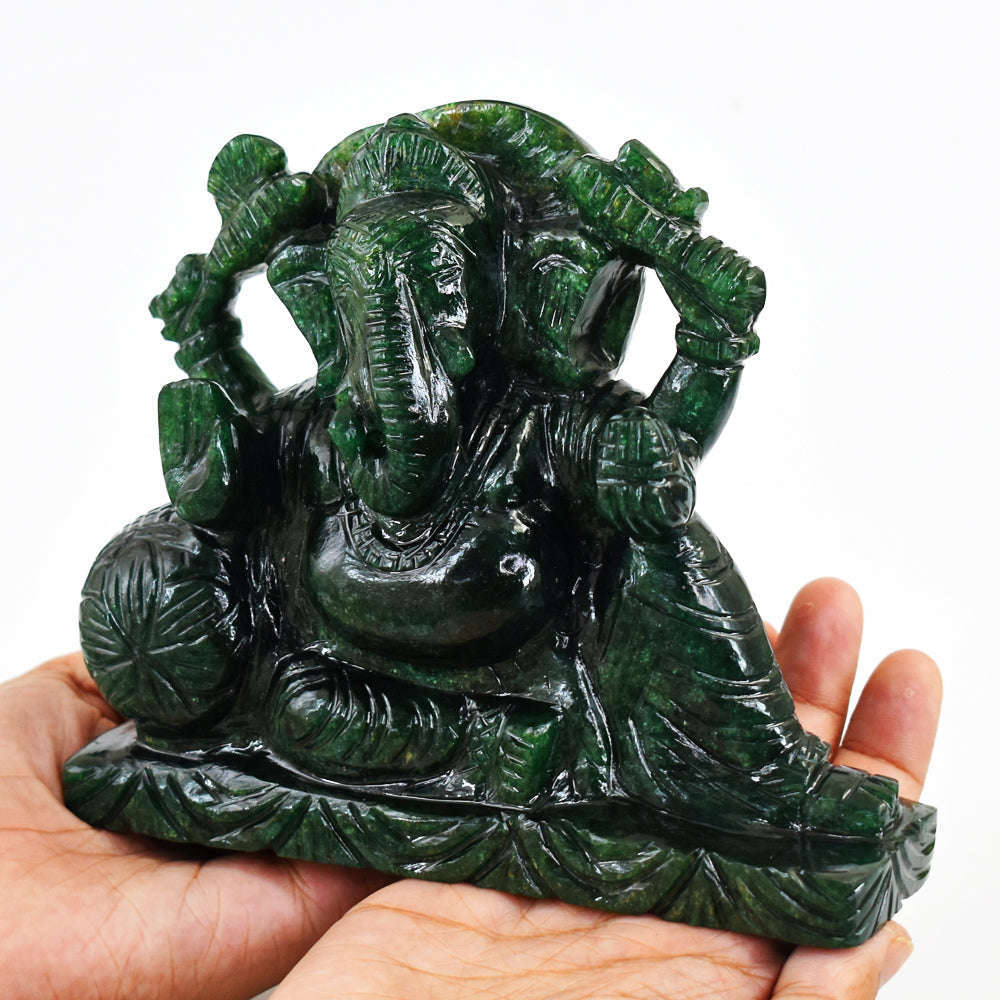 gemsmore:Stunning Green Jade Hand Carved Genuine Crystal Gemstone Carving Massive Lord Ganesha