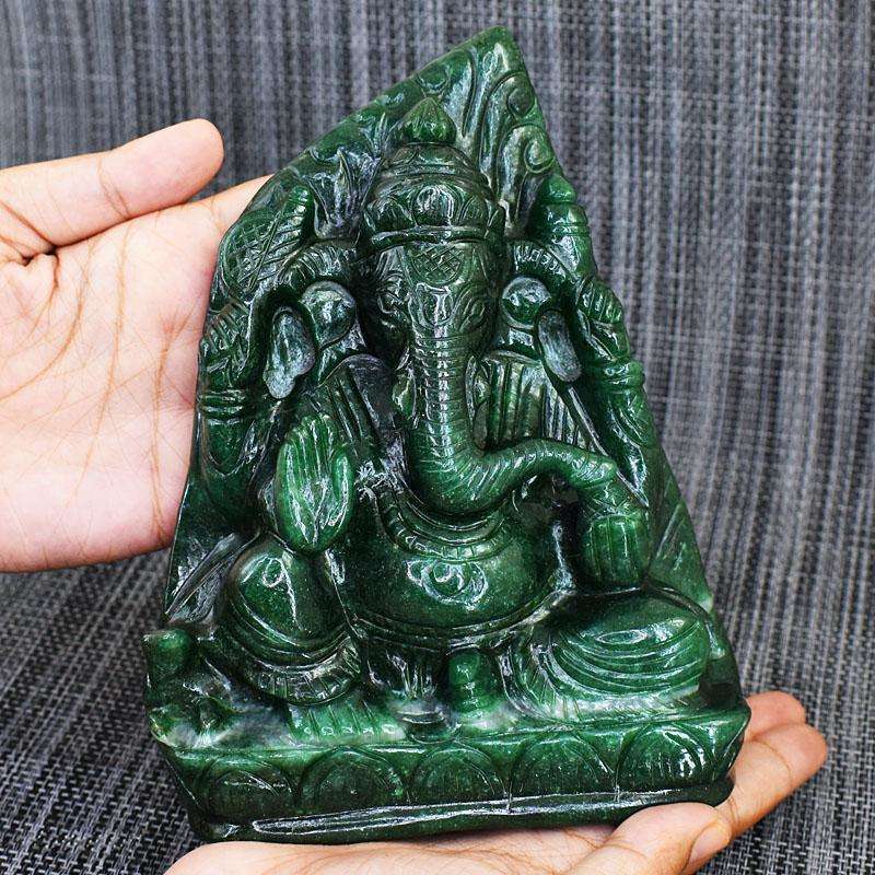 gemsmore:Stunning Green Jade Hand Carved Genuine Crystal Gemstone Carving Massive Lord Ganesha