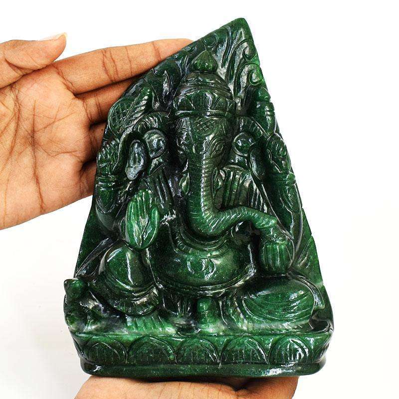 gemsmore:Stunning Green Jade Hand Carved Genuine Crystal Gemstone Carving Massive Lord Ganesha