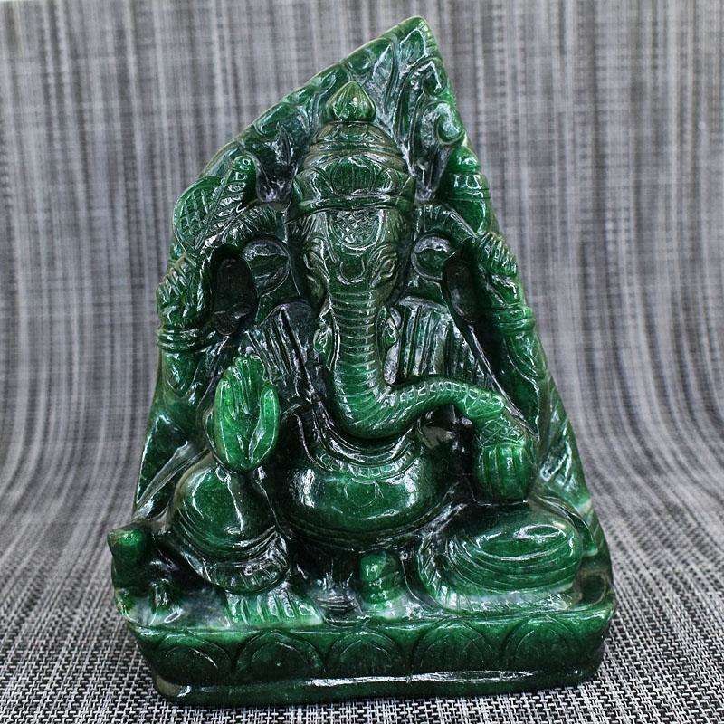 gemsmore:Stunning Green Jade Hand Carved Genuine Crystal Gemstone Carving Massive Lord Ganesha