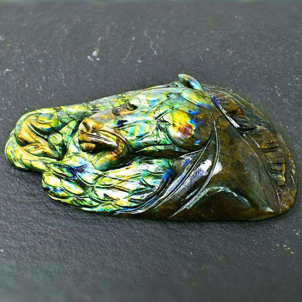 gemsmore:Stunning Labradorite Carved Horse Head With Snake - Amazing Flash