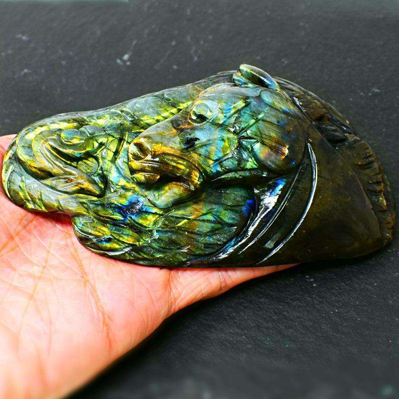 gemsmore:Stunning Labradorite Carved Horse Head With Snake - Amazing Flash