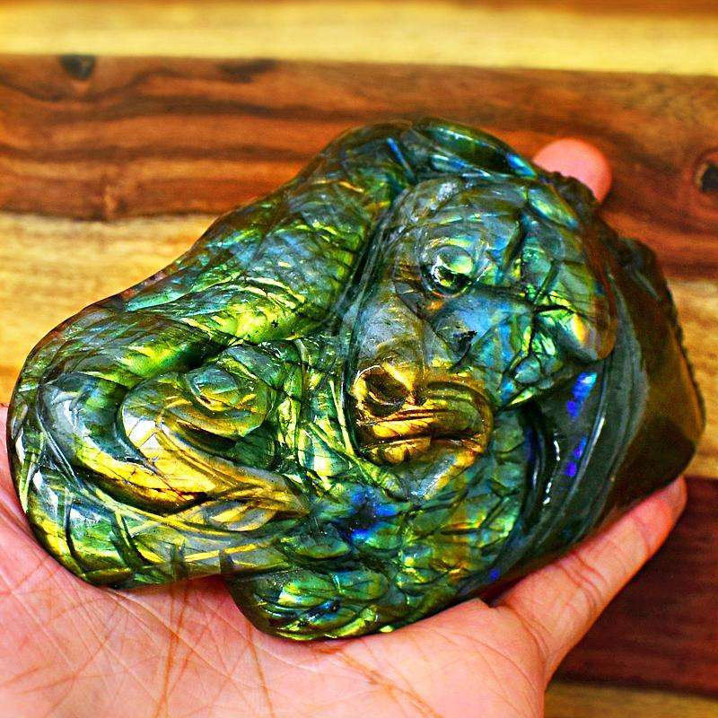 gemsmore:Stunning Labradorite Carved Horse Head With Snake - Amazing Flash