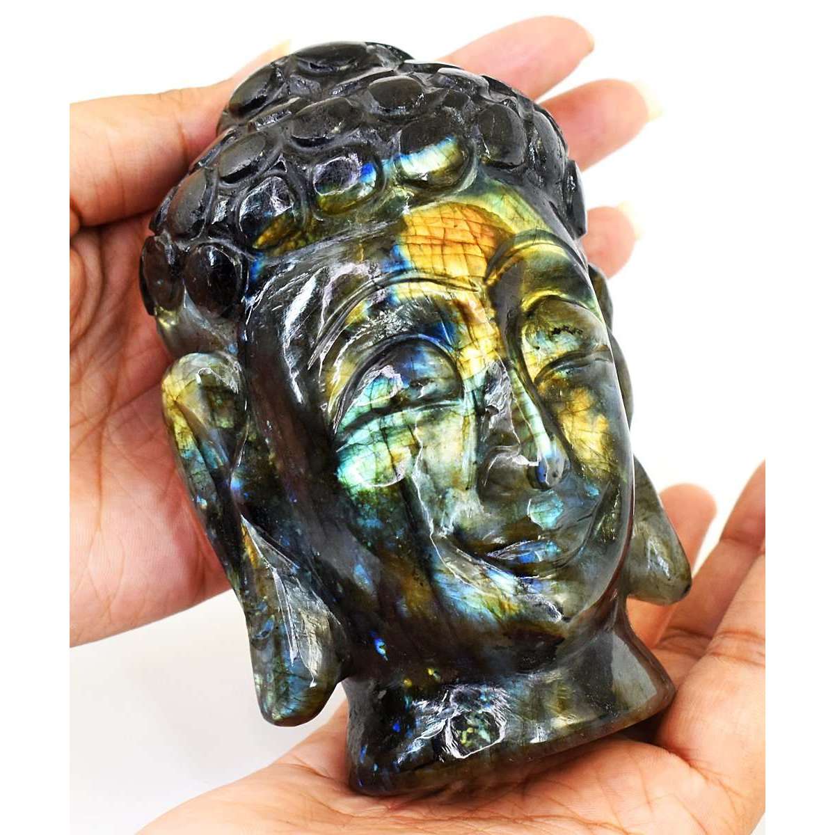 gemsmore:Stunning Labradorite Hand Carved Genuine Crystal Gemstone Carving Buddha Head