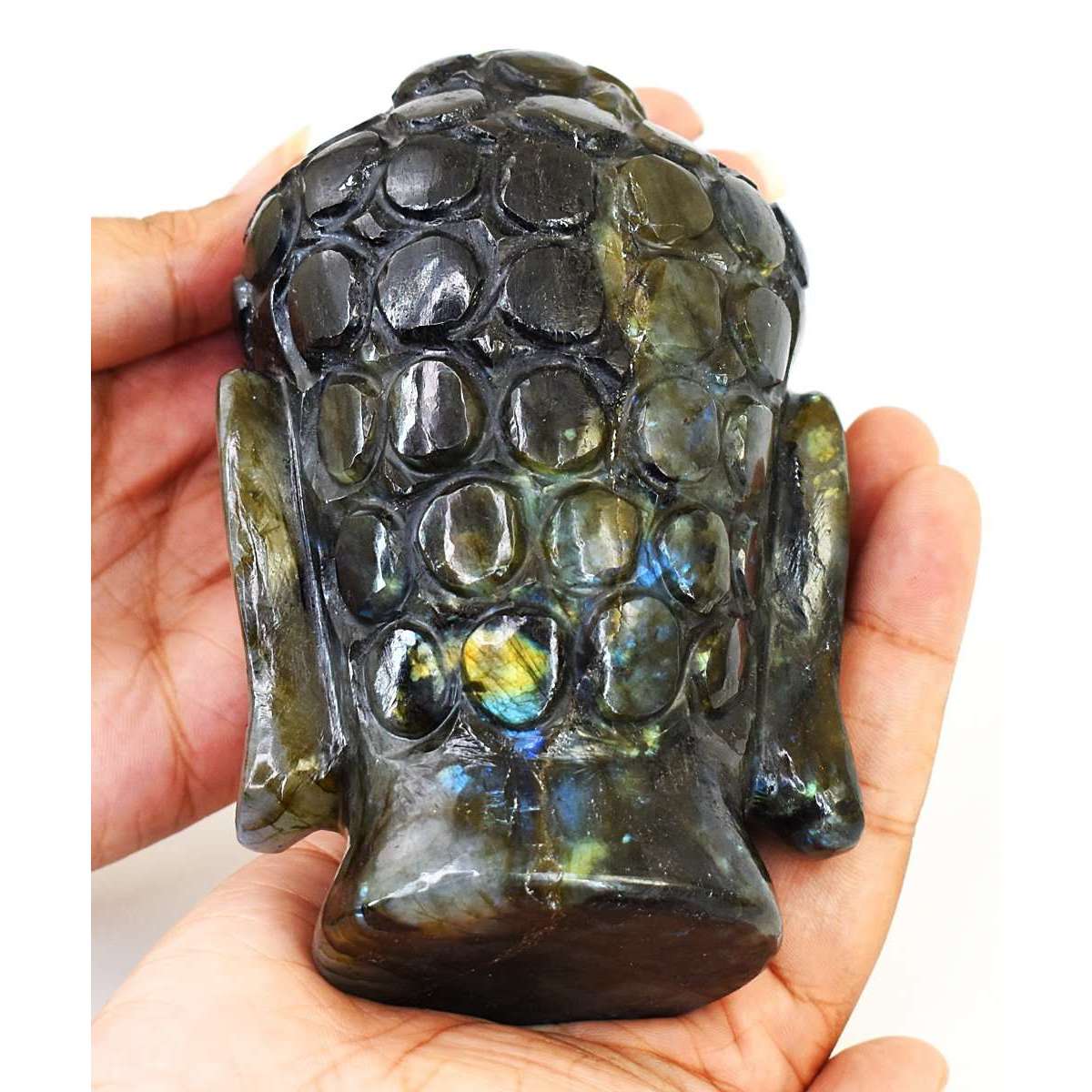 gemsmore:Stunning Labradorite Hand Carved Genuine Crystal Gemstone Carving Buddha Head