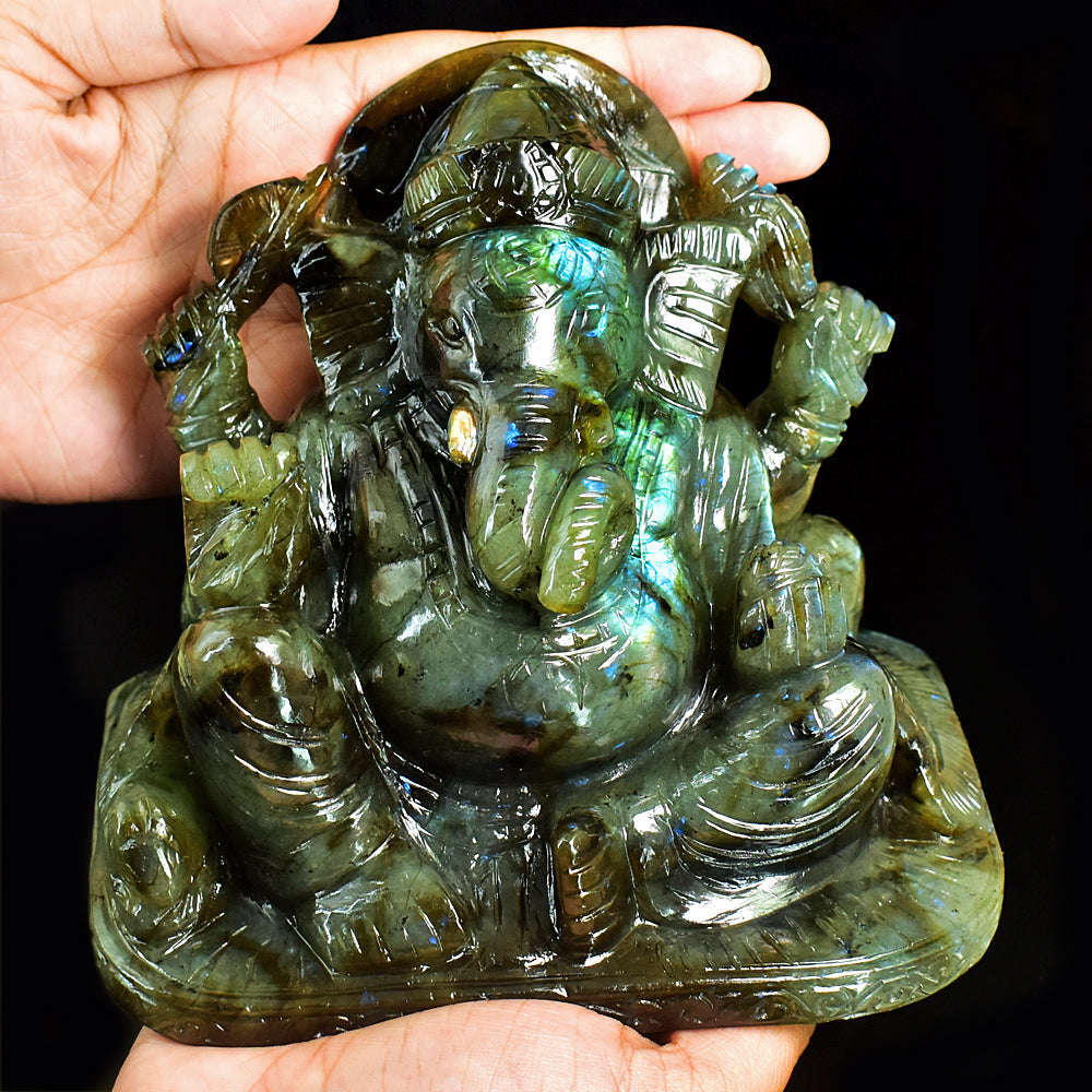 gemsmore:Stunning Labradorite Hand Carved Genuine Crystal Gemstone Carving Huge Lord Ganesha