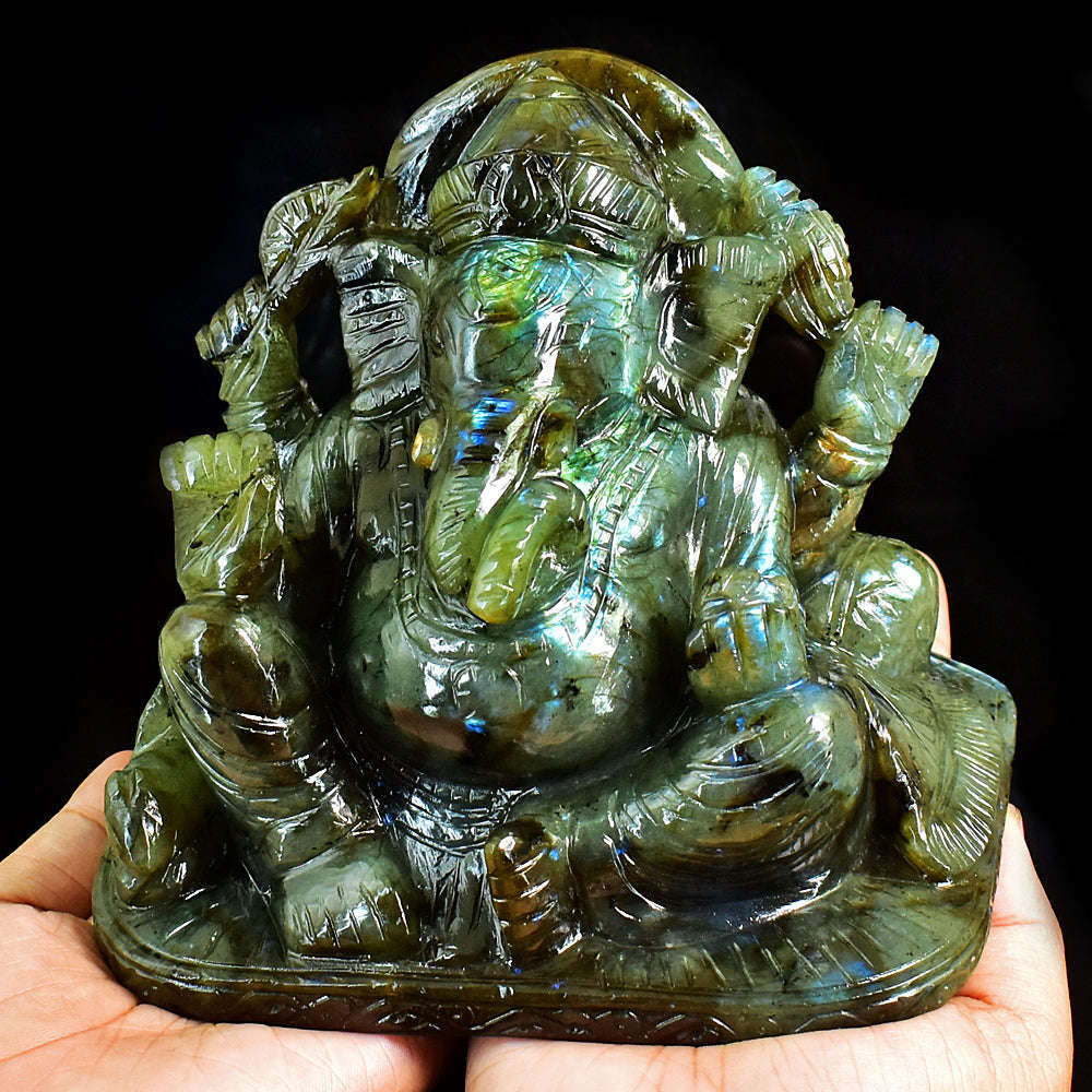 gemsmore:Stunning Labradorite Hand Carved Genuine Crystal Gemstone Carving Huge Lord Ganesha