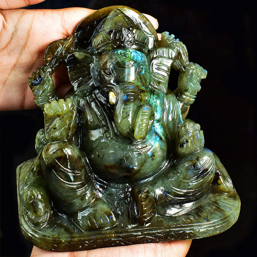 gemsmore:Stunning Labradorite Hand Carved Genuine Crystal Gemstone Carving Huge Lord Ganesha