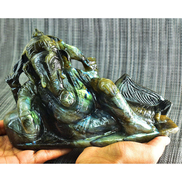 gemsmore:Stunning Labradorite Hand Carved Genuine Crystal Gemstone Carving Huge Lounging Lord Ganesha