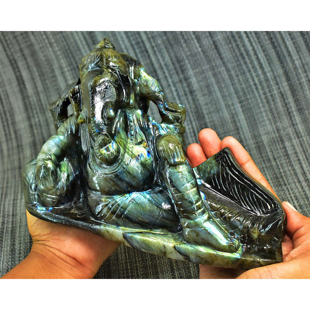 gemsmore:Stunning Labradorite Hand Carved Genuine Crystal Gemstone Carving Huge Lounging Lord Ganesha