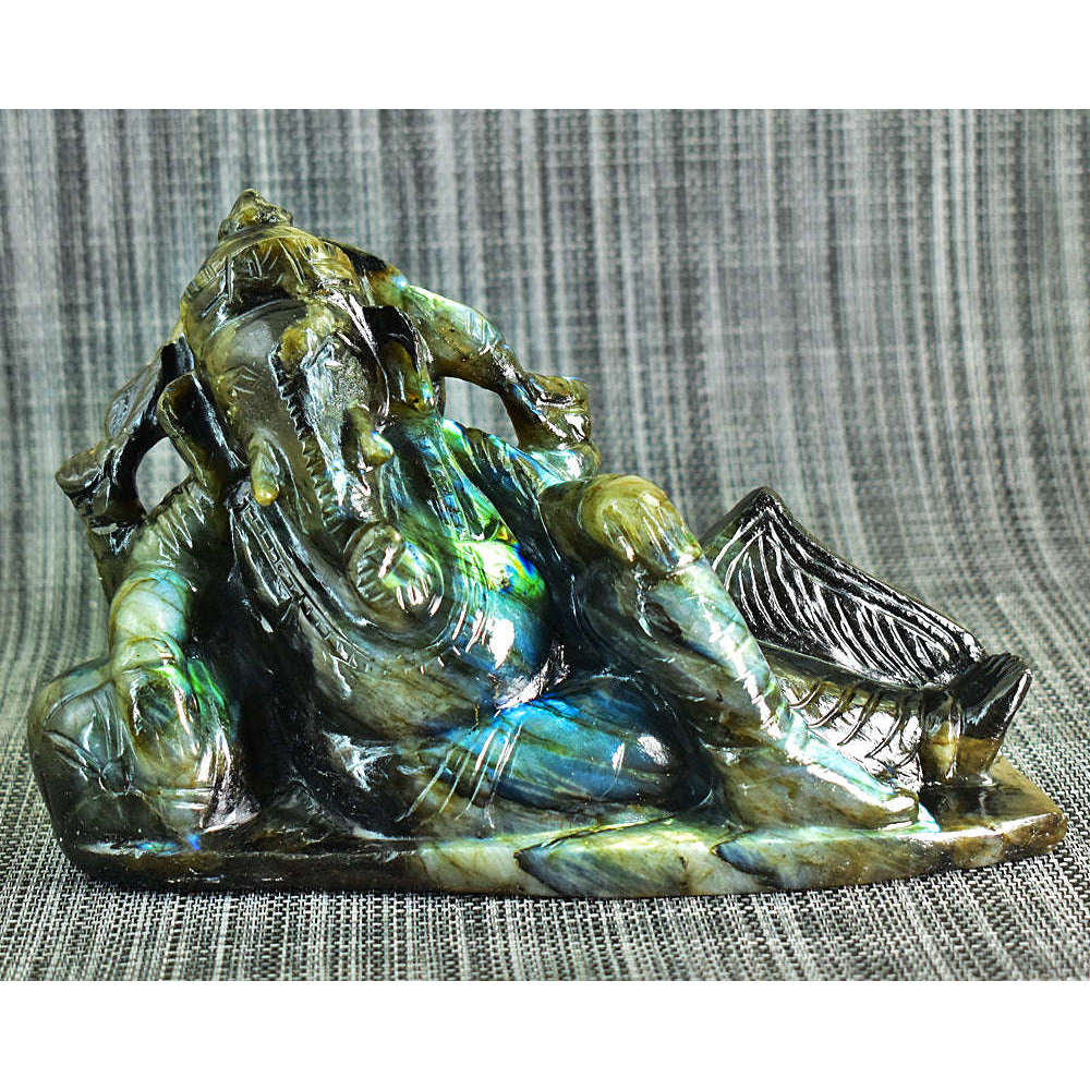 gemsmore:Stunning Labradorite Hand Carved Genuine Crystal Gemstone Carving Huge Lounging Lord Ganesha