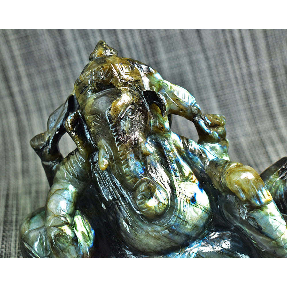 gemsmore:Stunning Labradorite Hand Carved Genuine Crystal Gemstone Carving Huge Lounging Lord Ganesha